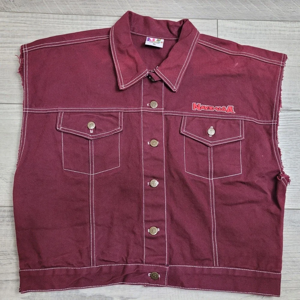 Vintage 90s NAVE Denim Jacket Vest Mens XL Burgundy Maroon Streetwear Made USA